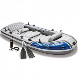 Intex - Barca inflable para 5 personas incluye bomba de inflar y palas de aluminio, 366 x 168 x 43 cm , color gris y azul