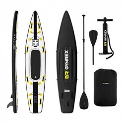 GYMREX TABLA HINCHABLE PARA STAND UP PADDLE SUP GR-SPB375 DROP STITCH - PVC, ALFOMBRILLA EVA, HASTA 120 KG, NEGRO/AMARILLO