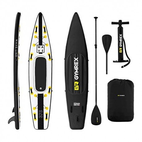 Gymrex Tabla Hinchable para Stand Up Paddle Sup GR-SPB375 Drop Stitch - PVC, Alfombrilla EVA, hasta 120 kg, Negro/Amarillo 