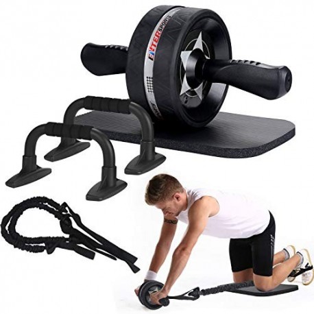 EnterSports Rodillo para abdominales 6 en 1, incluye rodilleras, bandas de resistencia, almohadillas de empuje en los mangos 