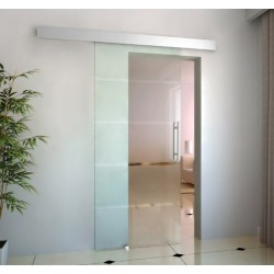 Translucent glass sliding door with t stripes.