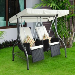 Balançoire de jardin avec 2 sièges et parasol - noir et blanc - métal, acier, pvc et rotin - 185x120x180 cm