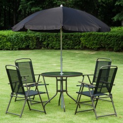 Outsunny mobiliário conjunto para jardim terraço ou pátio com 4 cadeiras 1 mesa e 1 parasol - têxtil, alumínio e poliéster