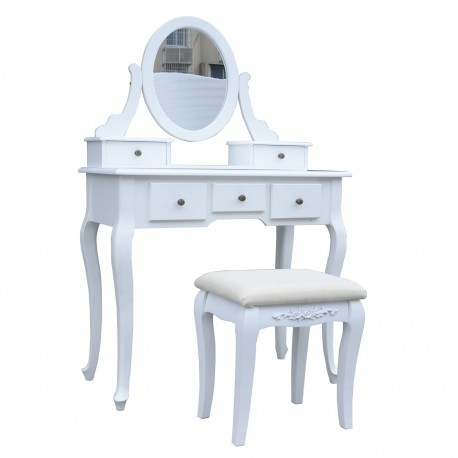 Robe blanche mdf avec tabouret, miroir et tiroirs 8...