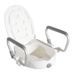 High toilet seat with armrests and tap.