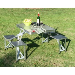 Folding picnic table with 4 seats and par hole.