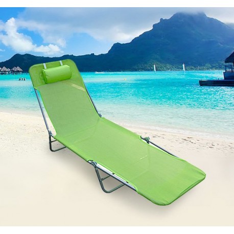 Reclining and folding sunbed with pillow for play.