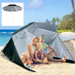 Beach umbrella with tiend side panels.