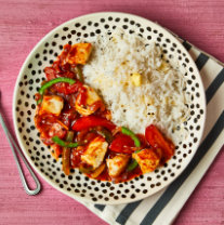 Chicken Jalfrezi with rice and poppadoms