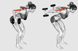 Double triceps kickdown exercise with dumbbell