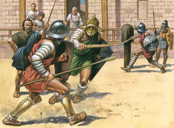 Addestramento dei gladiatori con armi di legno