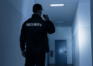 Guard patrolling a building with flashlight